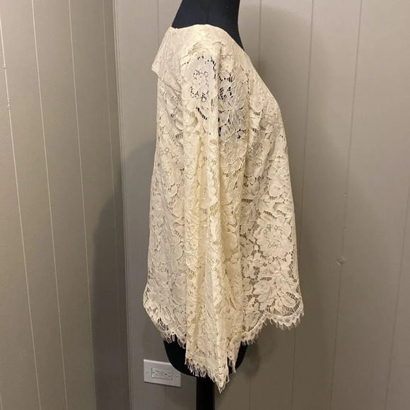 CHASER Medium Metallic Ivory Lace Open Back Bell Sleeve Lined Blouse Top - Picture 7 of 10